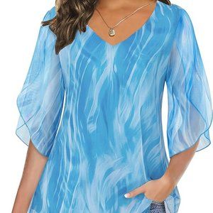 Viracy Chiffon Blue Overlap Flowy Sleeve Tunic Top